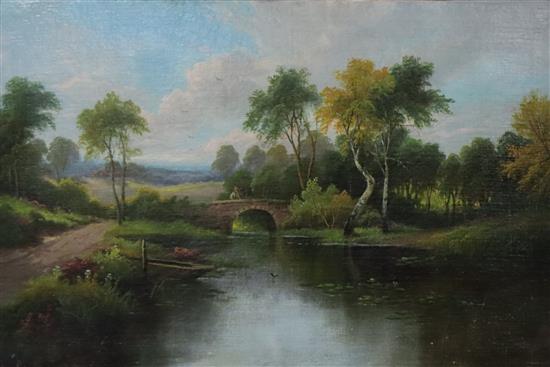 English School, c.1900, oil on canvas, River landscape with figure on a bridge 50 x 76cm